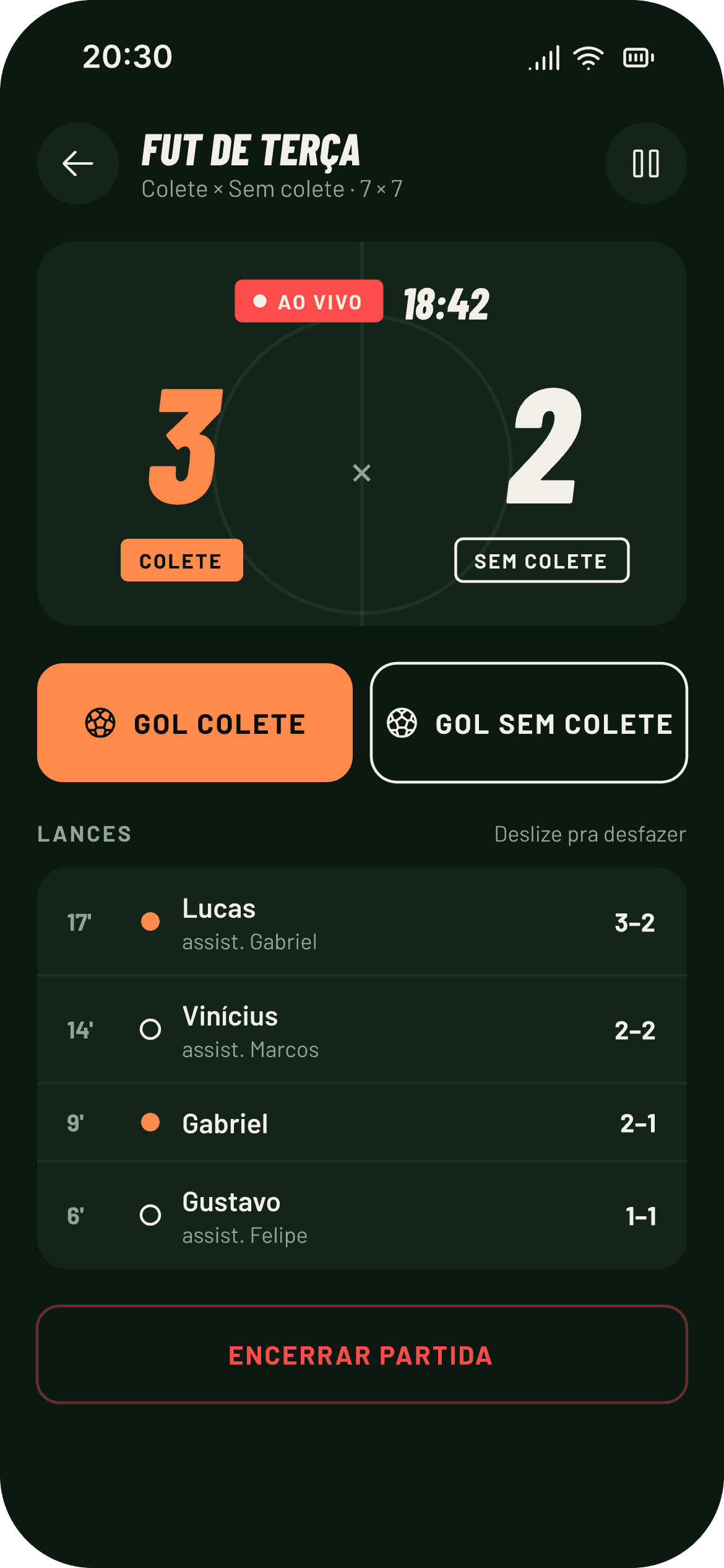 Placar ao vivo de uma partida no FutMatch