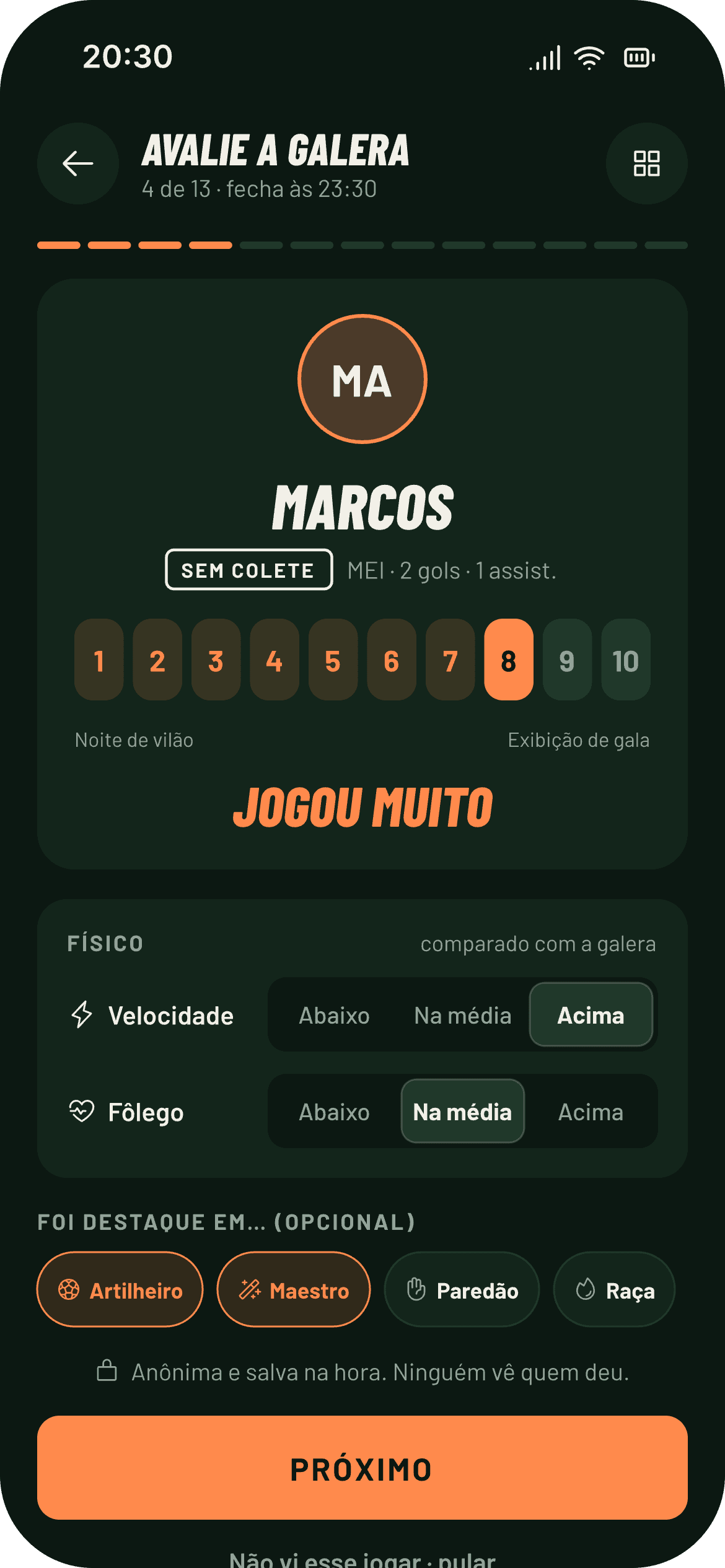 Tela de avaliação pós-jogo com notas de 1 a 10