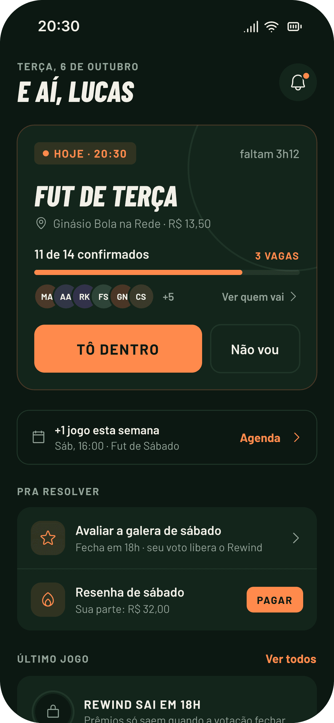 Tela inicial do FutMatch com o botão Tô dentro