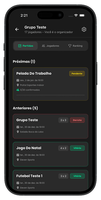 Tela do FutMatch mostrando lista de partidas